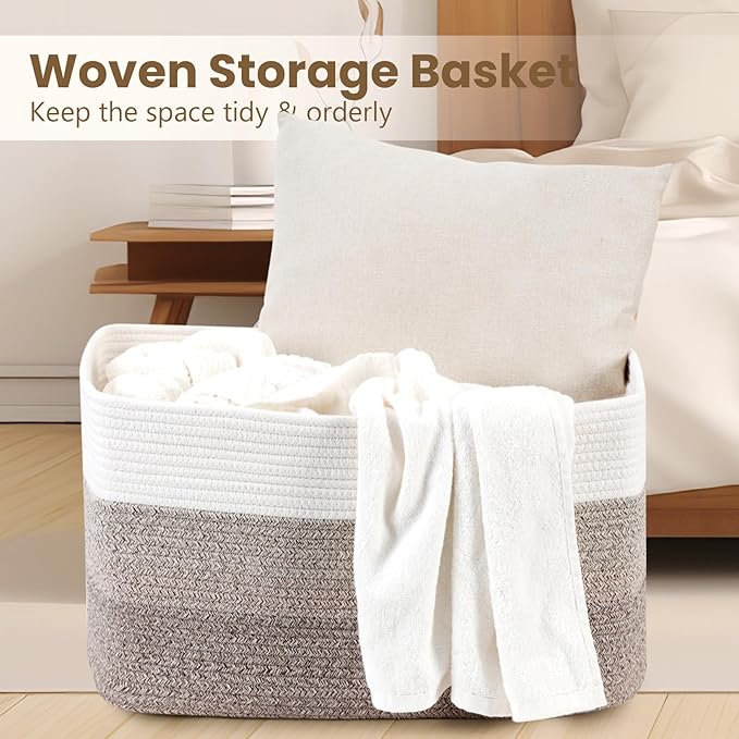 95L Blanket Basket, Large Woven Baskets for Storage, Blanket Storage for Living Room, Rope Basket with Handles for Bedroom, Nursery, Toys, Clothes, 24â x 17â x 13.5â, White & Brown