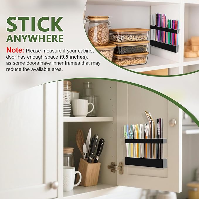 9.5â Large Acrylic Straw Holder for Cabinet Door - Reusable Tumbler Straw Organizer Storage, Small Kitchen Accessories Container, Ultra Sticky Cupboard Door Mounted (Black)