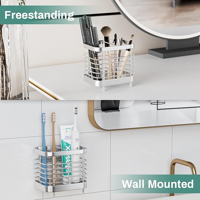 Countertop Toothbrush Holder for Bathroom, Stainless Steel Electric Tooth Brush Stand Storage Organizer with Drainage, Kids Toothpaste Holder Caddy, Silver Bathroom Sink Accessories Decor