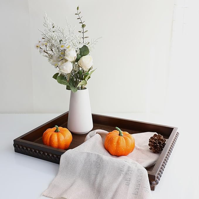 Wood Decorative Tray, Distressed Outdoor Serving Tray with Wooden Bead for Ottoman, Coffee Table, Entertaining, Home Decor, Rectangular 15.7â*11.8â*1.57â (Dark Brown)