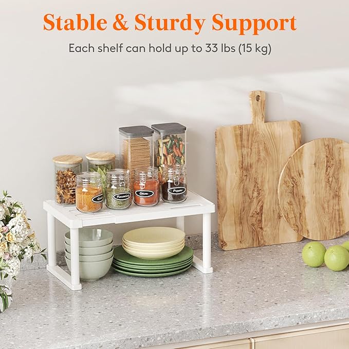 Lifewit Cabinet Shelf Organiser, Expandable Countertop Kitchen Shelves, Plastic Shelf Riser for Pantry Kitchen Storage and Spice Rack, Set of 2, 40 x 21 x 18cm/16 x 8 x 7 inch, White
