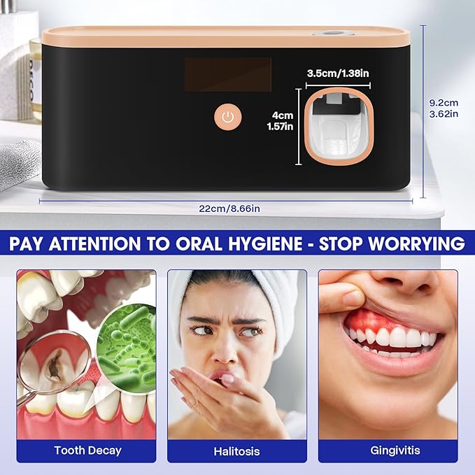 Smart Toothbrush Holder for Bathroom with Toothpaste Dispenser, USB Charging with 5 Toothbrush Slots for Family (Black)