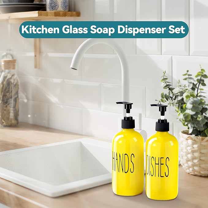 Glass Soap Dispenser Set 2 Pack,16 Oz Dish Soap Dispenser for Kitchen Sink,Lemon Kitchen Decor and Accessories,Yellow Decorations and Kitchen Utensils for Kitchen