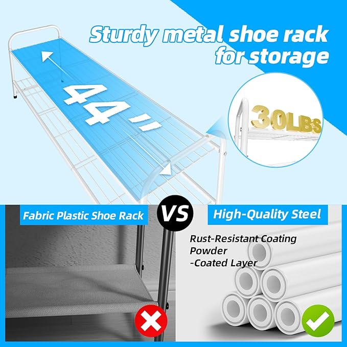Shoe Rack for Closet, 2 Tier 44 Inch Extra Long Shoe Storage Organizer for Shelves, Heavy Duty Metal, Easy Assembly, White