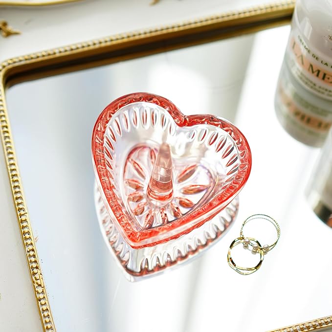 H&D HYALINE & DORA Glass Ring Holder Dish,Crystal Glass Heart Shaped Ring Holder for Women, Crystal Jewelry Tray for Rings,Earrings(AB color-pink)