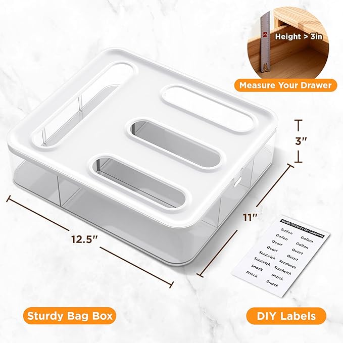OUTXE Bag Organizer for Drawer + Fridge, Magnetic Kitchen Baggie Storage | Pantry Organization for Ziplock Plastic Food Bags | Compatible with Snack Sandwich Quart Gallon (White)