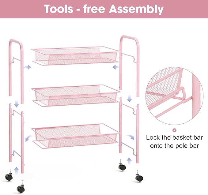 TOOLF 3 Tier Rolling Cart Pink - Metal Storage Organizer with Wheels, 33 lbs Shelf Capacity, Easy 5-Min Assembly, for Girls Room Bathroom Kitchen Office Nursery, Compact Design for Small Spaces, Pink