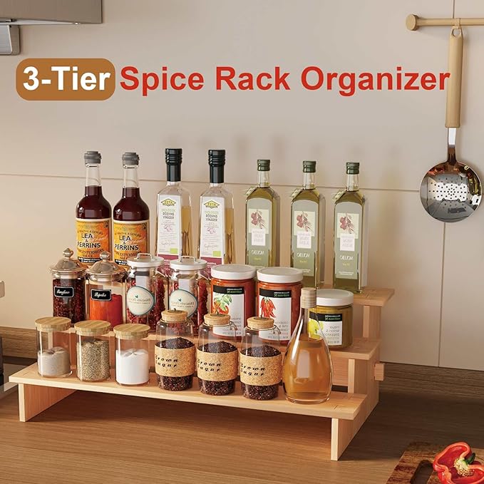 JinDoWin 3 Tiered Spice Rack Organizer for Cabinet,Spice Organization for Cabinet, Seasoning Organizer,Spice Shelf and Spice Organizer for Cabinet,Pantry Organizers and Storage (2 Pack, Medium)