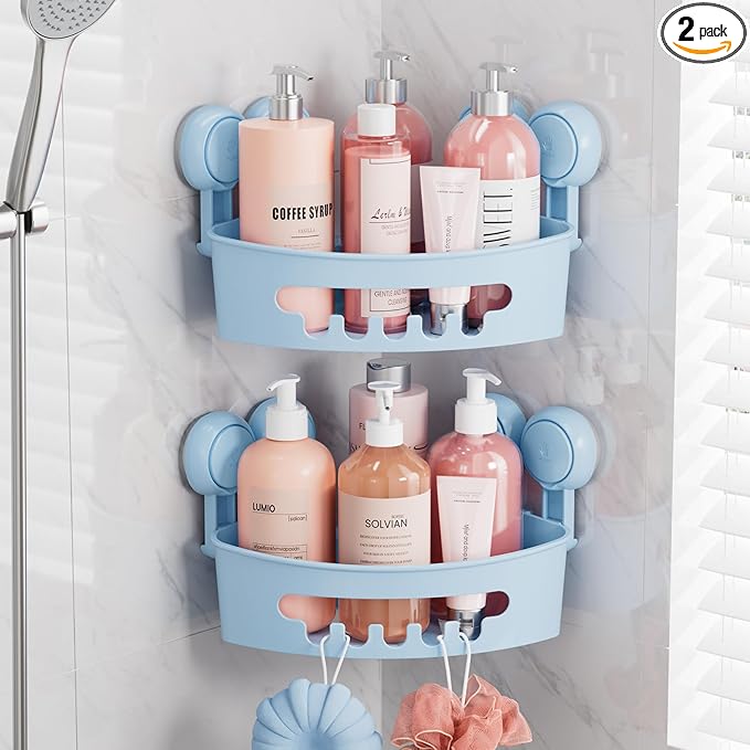 TAILI Suction Corner Shower Caddy, Bathroom Shelf Storage Basket Wall Mounted Organizer for Shampoo, Conditioner, Plastic Rack for Kitchen and Bathroom, Drill-Free Removable -BLUE