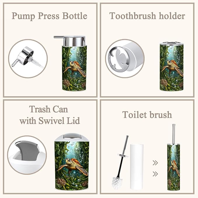6 Piece Bathroom Accessories Set Dynamic Sea Turtle Tale Bubbles Kelp Vibrant Colors Trash can Toilet Brush Holder Toothbrush Holder Toothbrush Cup Soap Dispenser Soap Dish for Home