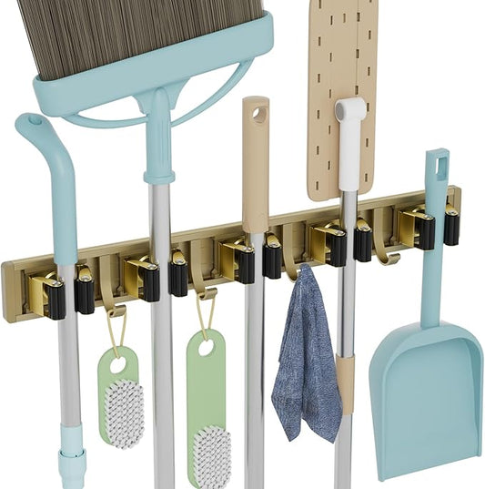 reliahom Broom Holder Wall Mount, 5 Racks with 4 Hooks Bronze - Mop Storage Tool Racks, Broom Hanger Tool Organizer for Garage, Kitchen, Garden, Laundry Room
