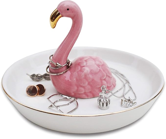 Flamingo Jewelry Holder & Ceramic Ring Dish â Pink Tropical Decor for Kitchen Sink or Vanity â Cute Engagement, Birthday, or Motherâs Day Gifts for Women & Girls â Gold-Rimmed Tray