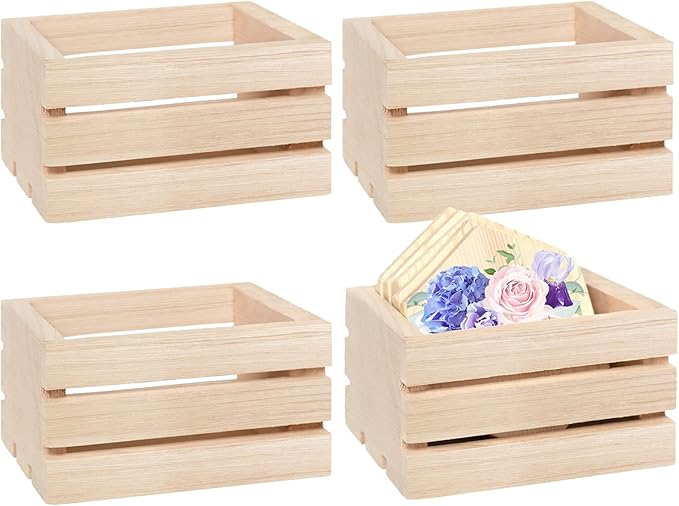 4 Pack Mini Rustic Wooden Crates, Decorative Wood Crates Unfinished Wood Box, Crate Box Wooden Storage Box for Kitchen, Office, Bedroom, Closet, Rustic Country Decor