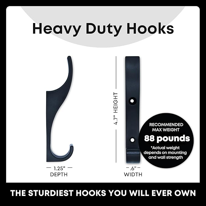 Heavy Duty Hooks for Hanging Coats, Jackets, Briefcases, Keys, Purse, Robe - Unbreakable Wall Mounted Coat Hook Holds Up to 88 Pounds - Perfect for Home, Office, Bathroom | Black, 7 - Pack