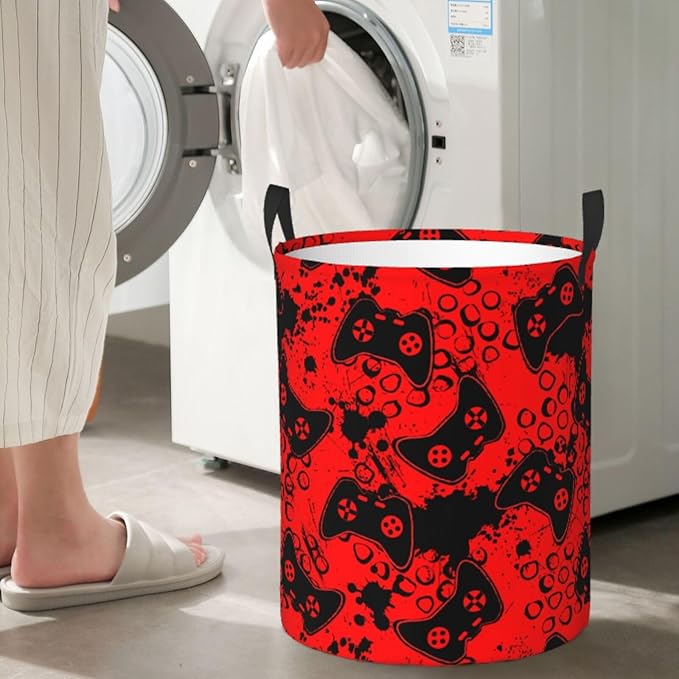 Game Joysticks Red Background Round Laundry Hamper Storage Basket Toys Clothes Organizer Bin For Home Bathroom Bedroom Dorm Nursery, 62l