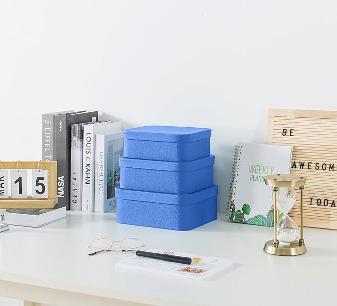Soul & Lane Set of 3 Textured Royal Blue Boxes with Rounded Edges, Nesting Decorative Cardboard Boxes with Lids, Large Paperboard Storage for Organizing, Keepsakes, Gifts