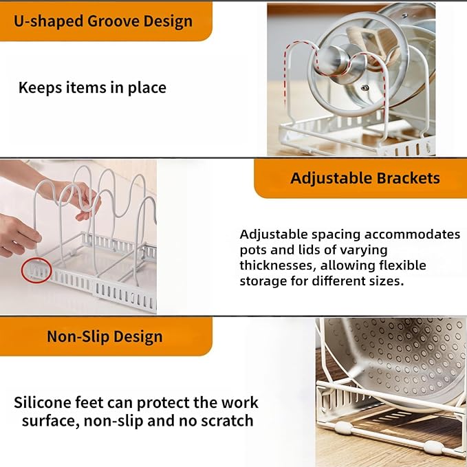 Expandable Under Cabinet Organizer Rack for Pots, Pans, Lids & Bakeware - Adjustable 10-Compartment Kitchen Storage Holder for Cabinet Door, Fits Cutting Boards, White, Expandable 11.81''-22.85''