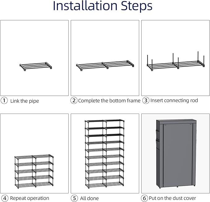 9-Tier Shoe Rack - 36-40 Pairs Organizer with Nonwoven Fabric Cover, Double Row for Closet (Black Rack with Gray Cover)