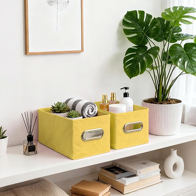 Narrow Storage Baskets for Shelves – Fabric Closet Organizers and Collapsible Storage Bins with Metal Handles – Space-Saving Baskets for Clothes, Towels, 5.9 x 11.8 x 5.9 inch (Yellow)