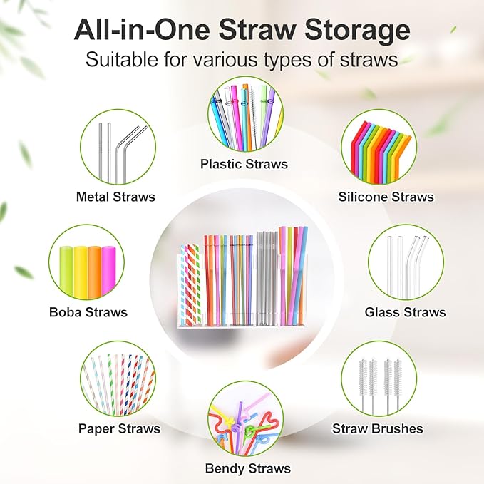 2 Pack 9.5” Large Acrylic Straw Holder for Cabinet Door with Detachable Ultra Sticky Adhesive Squares and Stickers, 2026 Reusable Straws Organizer Storage Dispenser for Kitchen Counter Cupboard