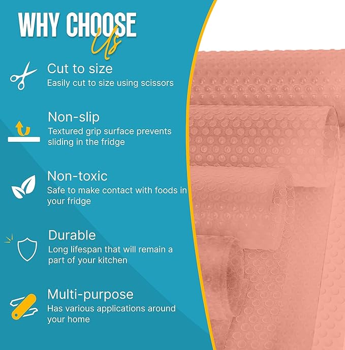 Refrigerator Liners for Shelves by Linda’s Essentials - Easy to Clean Fridge Liner with Spill Protection Fridge Shelf Liners & Drawer Liner, Nonslip BPA-Free Refrigerator Mats (Pink Roll)