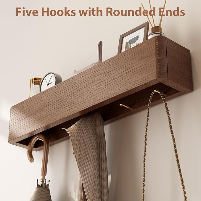 Solid Wood Wall Mounted Coat Rack with Shelf Hooks - Modern Floating Shelves with 5 Hidden Hooks, Heavy Duty Entryway Coat Key Holder Hanger for Hallway Bathroom Bedroom Home Decor