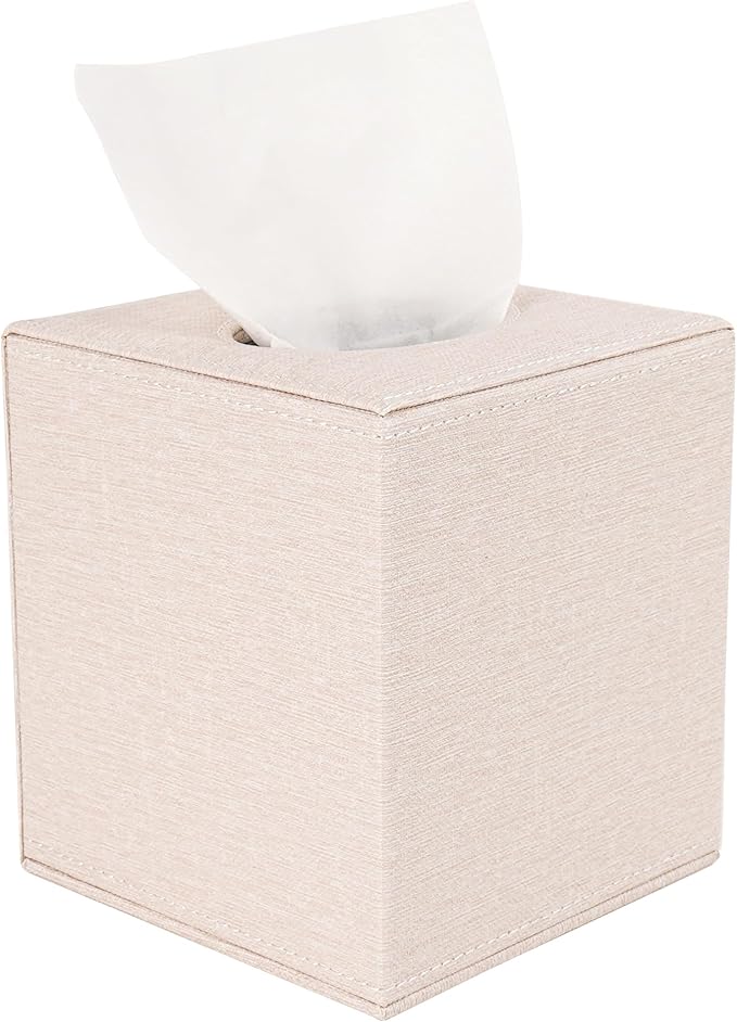Square Tissue Box Cover Holder - Premium PU Leather Decorative Cube Facial Napkin Dispenser - Magnetic Bottom for Bathroom Vanity Bedroom Nightstand Office Desk (Cream White)