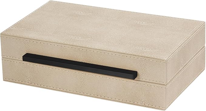 Sagala Ivory Shagreen Decorative Box with Black Handle, PU Faux Leather Keepsake and Memory Box, Exquisite Storage Box With Lids for Modern Home Decor, Jewelry Box Organizer (Ivory-Black, 1pack)