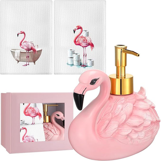 4 Pcs Flamingo Soap Dispenser Bathroom Accessories Soap Dispenser Lotion Pump and Flamingo Hand Towels with Gift Box Set for Home Bath Kitchen Decoration