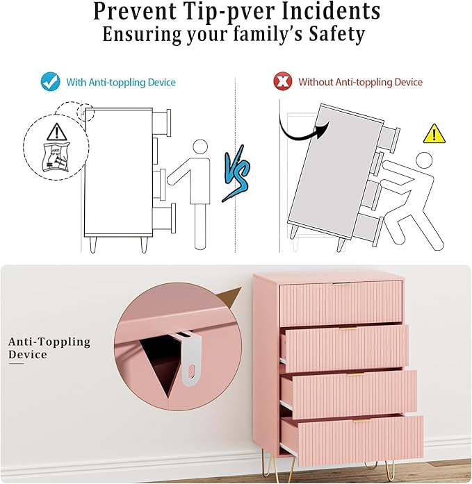 Masupu 4 Drawer Dresser, Drawer Chest, Tall Storage Dresser Chest Cabinet Organizer Unit with Gold Metal Legs, Nightstand for Bedroom, Living Room, Closet, Hallway Pink Stripe
