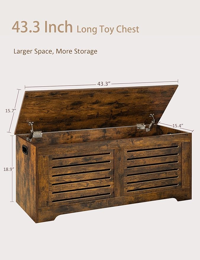 DINZI LVJ Storage Chest, 43.3â Wooden Toy Box with 2 Safety Hinges, Retro Entryway Shoe Storage Bench with Flip-Top, Sturdy Large Storage Trunk for Living Room, Bedroom, Easy Assembly, Rustic Brown
