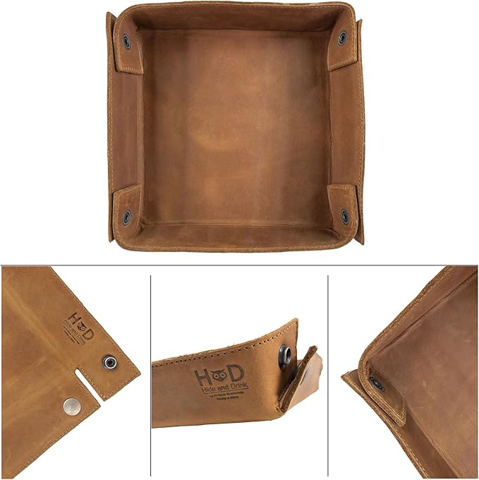 Hide & Drink, Leather Catchall Change Keys Coins Jewels Box Tray Big Storage, Handmade, Single Malt Mahogany