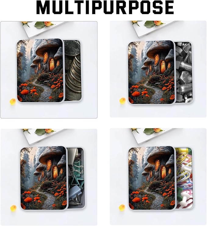 Metal Tin Box with Lid,Multi-functional Storage Box Can Store Tea Biscuits Game Cards, Playing & Tarot Cards-Comes with 4 Magnetic Cord Clips,Mushroom Houses in Forest