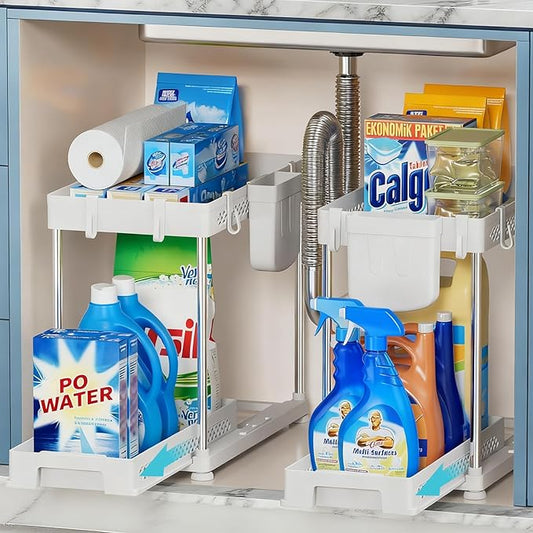 Under Kitchen Sink Organizer, 2-tier Under Sink Organizers and Storage for Kitchen & Bathroom, Multi-Purpose Pull Out Under Cabinet Organizer with Hooks Hanging Cup (White, 2 Pack)