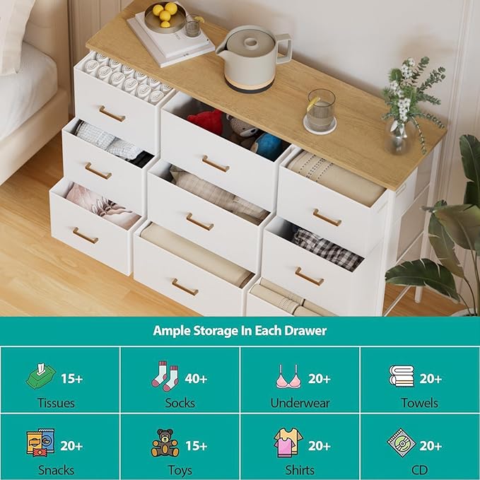 Wide TV Stand Modern TV Console, 9 Drawers Dresser for Bedroom, Fabric Storage Cabinet, Chest of Drawers for Closet, Nursery, Living Room（Classic White）