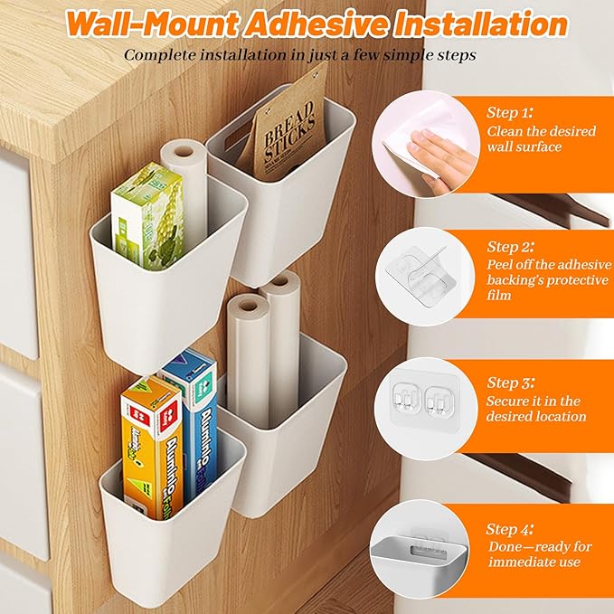 6 Pack Kitchen Cabinet Door Storage Box, Self Adhesive Wall Mounted Storage Organizer Bins, Stackable Organizer Basket for Kitchen, Bathroom, Office, Refrigerator Small Items Organizer (White)