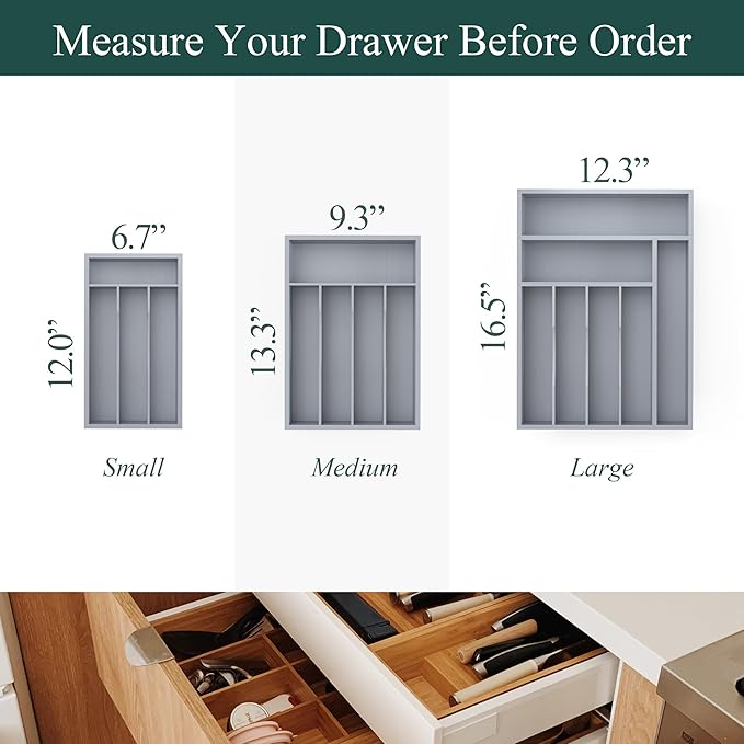 Bamboo Silverware Organizer, Kitchen Drawer Organizer, Utensil Holder, Cutlery Tray & Spoon Flatware Storage with Grooved Drawer Dividers (7 Slots, Grey)