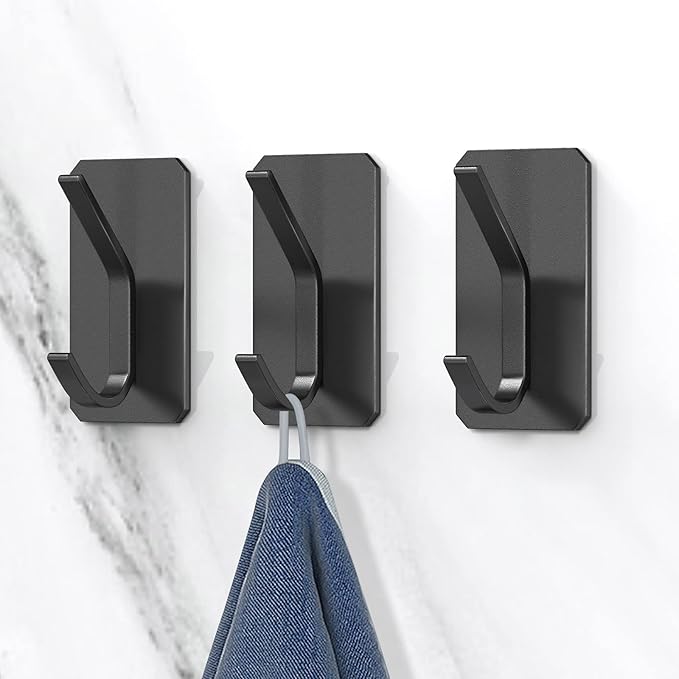 PMMASTO Self-Adhesive Towel Hooks - Sticky Heavy Duty Wall Robe Coat Hook for Hanging- Shower Hooks (Black, “ K ”Shape 6PC)