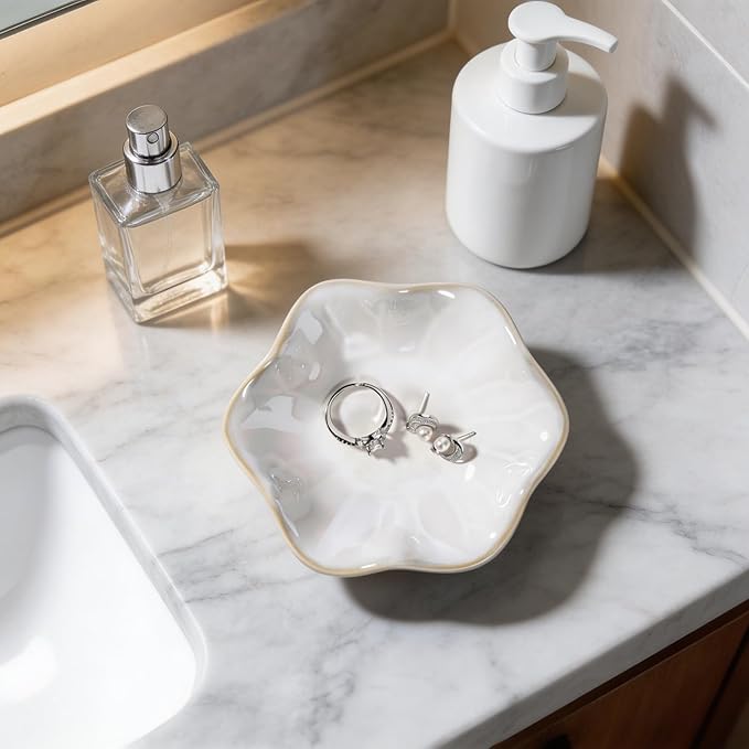 White Lotus Leaf Shape Ring Jewelry Dish Holder,Small Trinket Jewelry Tray,Decorative Jewelry Plate Bowl,Key Bowl,Birthday Engegament Gifts for Women Friends,Ceramic