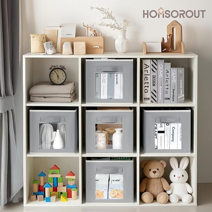 Bins for Closet Organization - Cubby Storage Organizer with Window, Closet Baskets for Shelves, Folding Cubes for Storage, Storage Bins for Home, 11inch, Set of 8, Grey