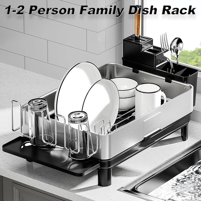 Ewaiira Dish Drying Rack, 304 Stainless Steel Dish Racks for Kitchen Counter, Dish Drainers with Automatic Drainage, Utensil Holder & Cups Holder, Space Saving Kitchen Organizer, Black 16.5''x12.6''