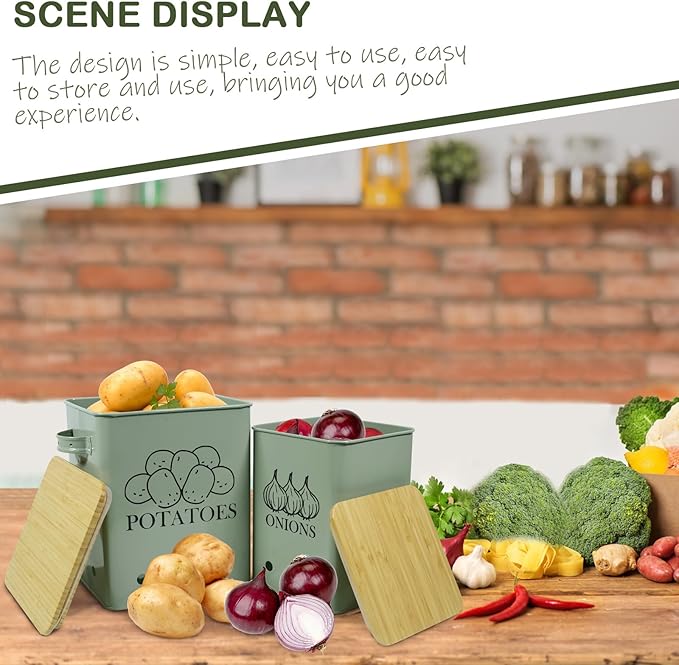 Kitchen Vegetable Storage Tins Set of 2 for Potatoes, Onion, with wooden lid Garlic Bin Caddy, Long Shelf Life-Grayish Green