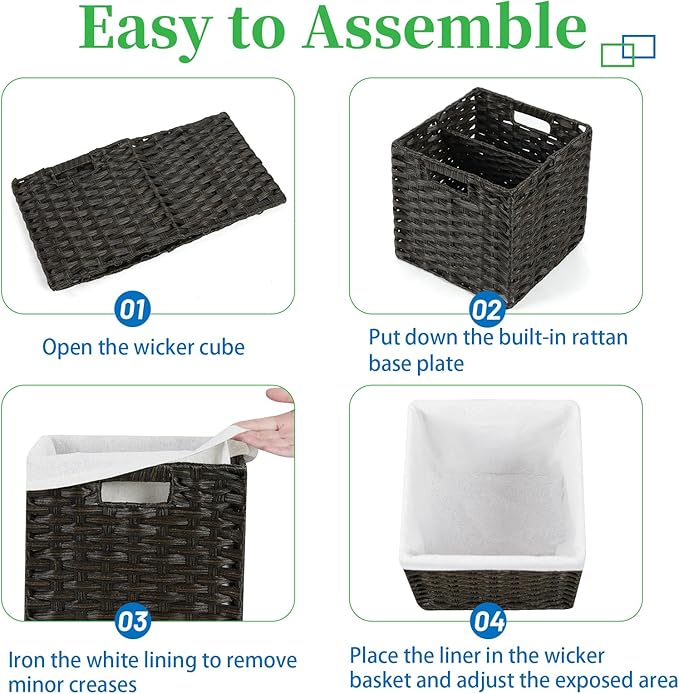 Bidtakay Black Wicker Cube Baskets 11 inch 4 Pack Waterproof Hand-Woven Storage Baskets for Organizing Pantry Bedroom