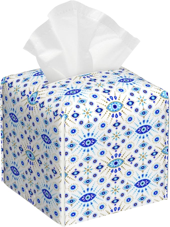 Tissue Box Holder Evil Eye Square Leather Tissue Box Cover Modern Cube Facial Paper Cover Case for Bathroom Vanity Countertop Night Stands Tabletop