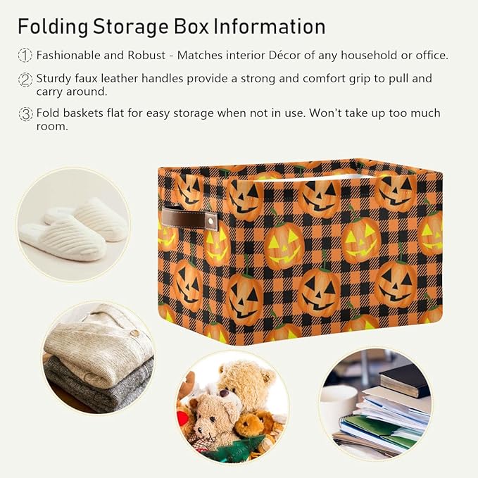 Bolaz Halloween Pumpkin Orange Buffalo Plaid Storage Basket,Large Storage Bin Fabric Collapsible Organizer Bag with Handles 15x11x9.5 inch