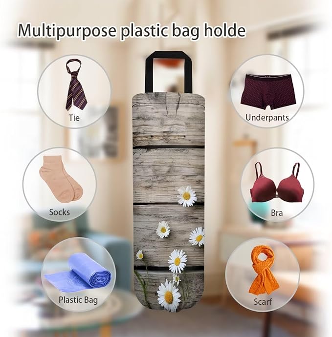 Hanging Plastic Bag Holder Dispenser Set of 2 Reusable Wall Mount Hanging Plastic Bag Storage Organizer for Grocery Bags,Rustic Wood Grain Daisy