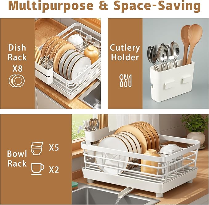 Dish Drying Rack for Kitchen Counter, Stainless Steel Sink Organization and Storage Essentials with Cutlery Holder, 9.05''W x 15.35''L, Stainless Steel Dish Strainer with Utensil Holder