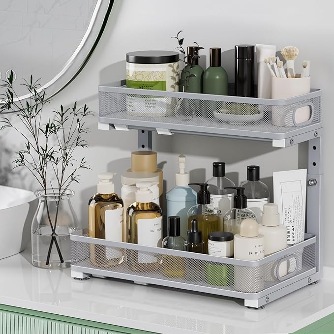 Under Sink Organizer, Height Adjustable 2 Tier Under Sink Organizers and Storage, Slide Out Metal Cabinet Organizers, Pull Out Sink Storage Drawer Shelf for Kitchen Bathroom Cabinet, Grey, 2 Pack