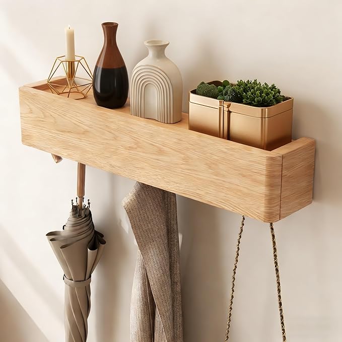 Solid Wood Wall Mounted Coat Rack with Shelf Hooks - Modern Floating Shelves with 5 Hidden Hooks, Heavy Duty Entryway Coat Key Holder Hanger for Hallway Bathroom Bedroom Home Decor
