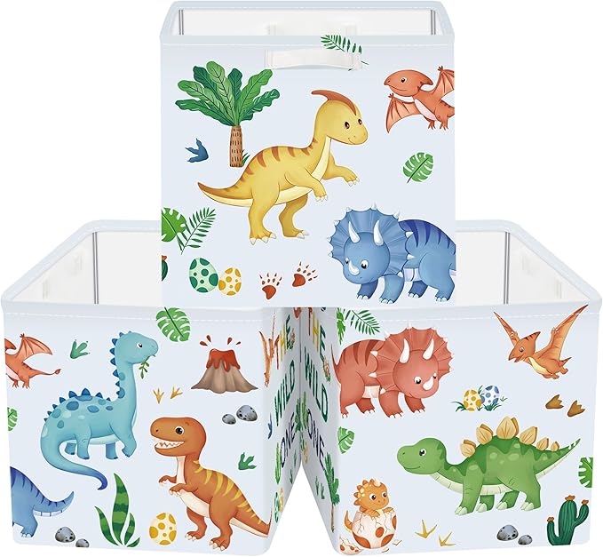11.8" Boho Dinosaurs Cube Storage Organizer Set 3Pcs Palms Eggs Cube Storage Bin for Bathroom/Bedroom Kid Book Toy Chest, Volcanoes